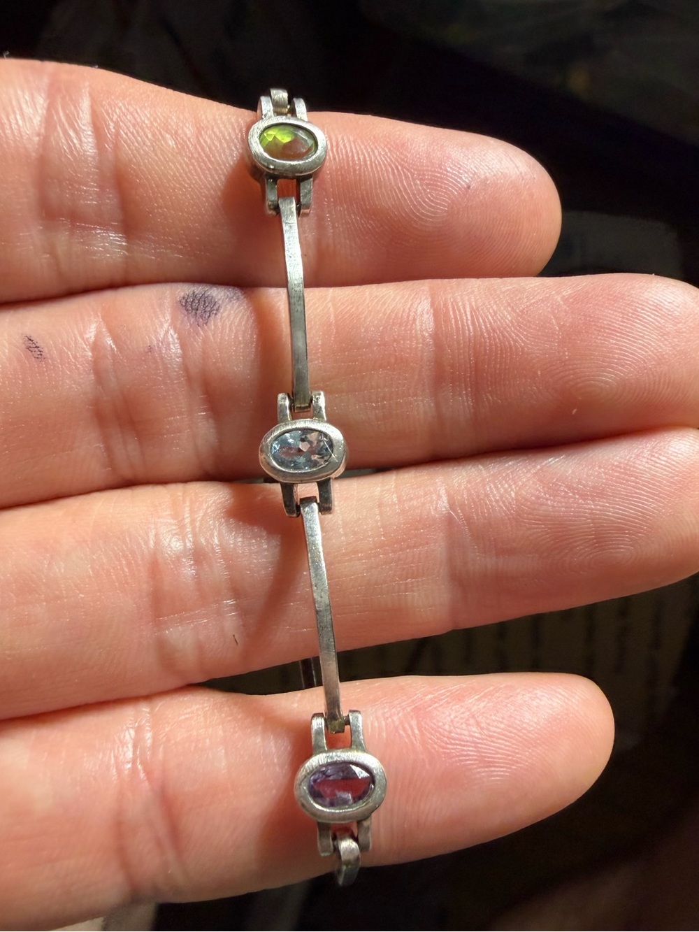Vintage 925 Sterling Silver Multi-Color Stone Link Bracelet